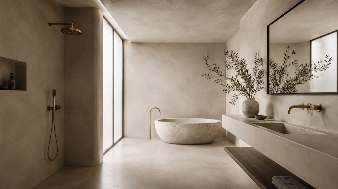 Baño completo revestido con microcemento decorativo en suelo y paredes