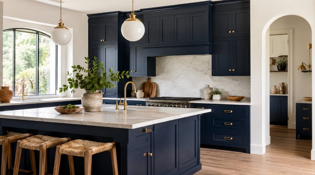 Cocina mediterránea moderna pintada en azul navy con paredes blancas
