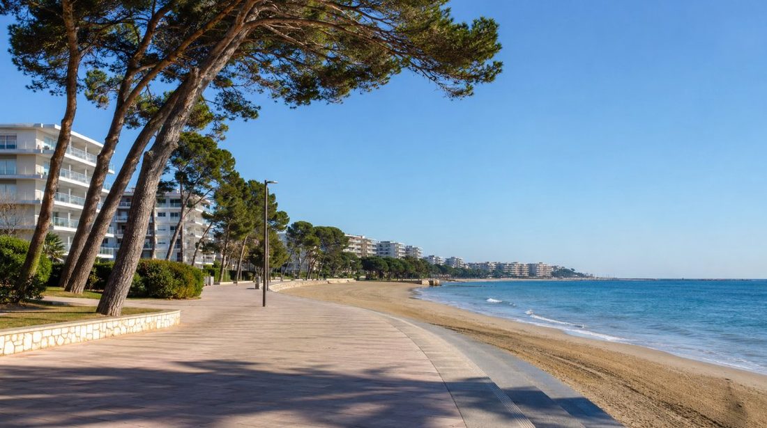 Paseo marítimo de La Pineda con pinos y edificios de apartamentos frente a la playa