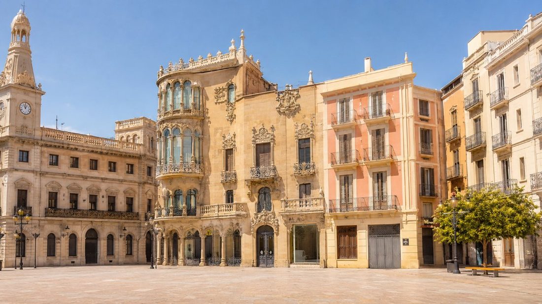 Plaza del centro modernista de Reus con edificios de fachadas pintadas
