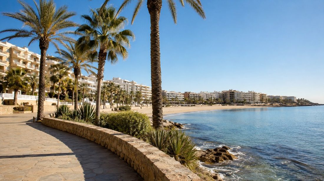 Paseo marítimo de Salou con palmeras y edificios de apartamentos junto al mar