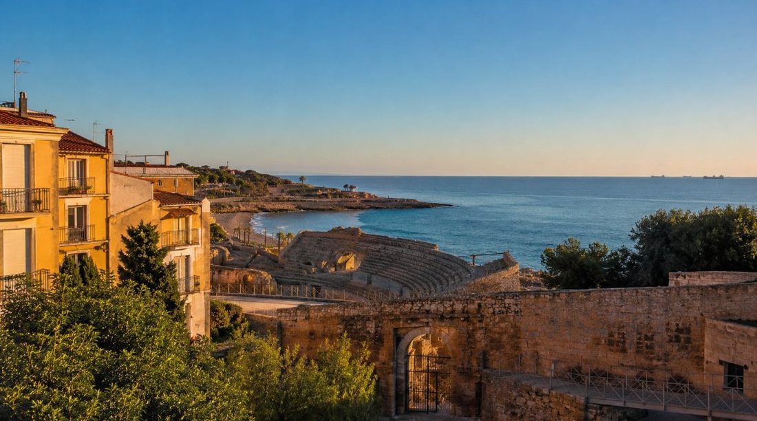 Vista de Tarragona con el anfiteatro romano y el mar Mediterráneo al fondo
