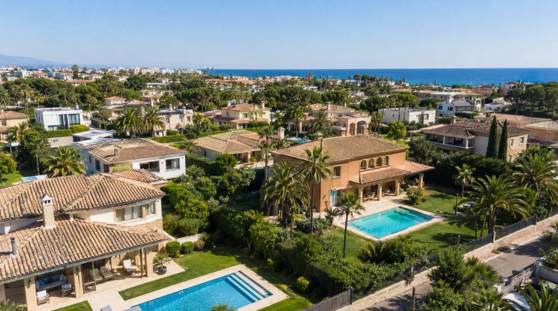 Vista aérea de chalets y villas con piscina en Vilafortuny, Cambrils