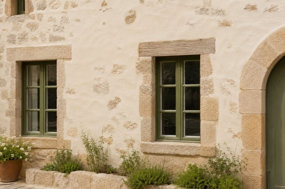 Fachada de casa de piedra en Vila-seca con ventanas pintadas en verde