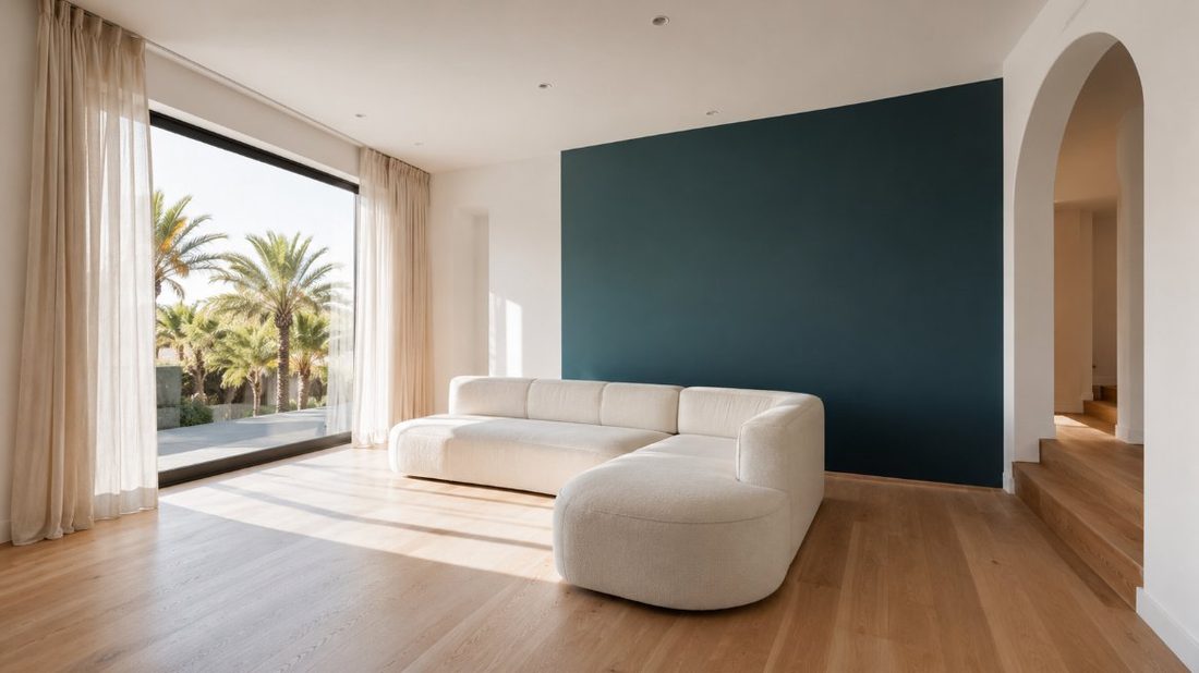 Salón mediterráneo con pared de acento en azul petróleo pintado en Cambrils