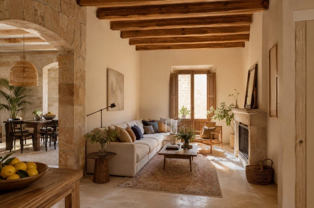 Interior de vivienda renovada en Tarragona con paredes pintadas y vigas de madera
