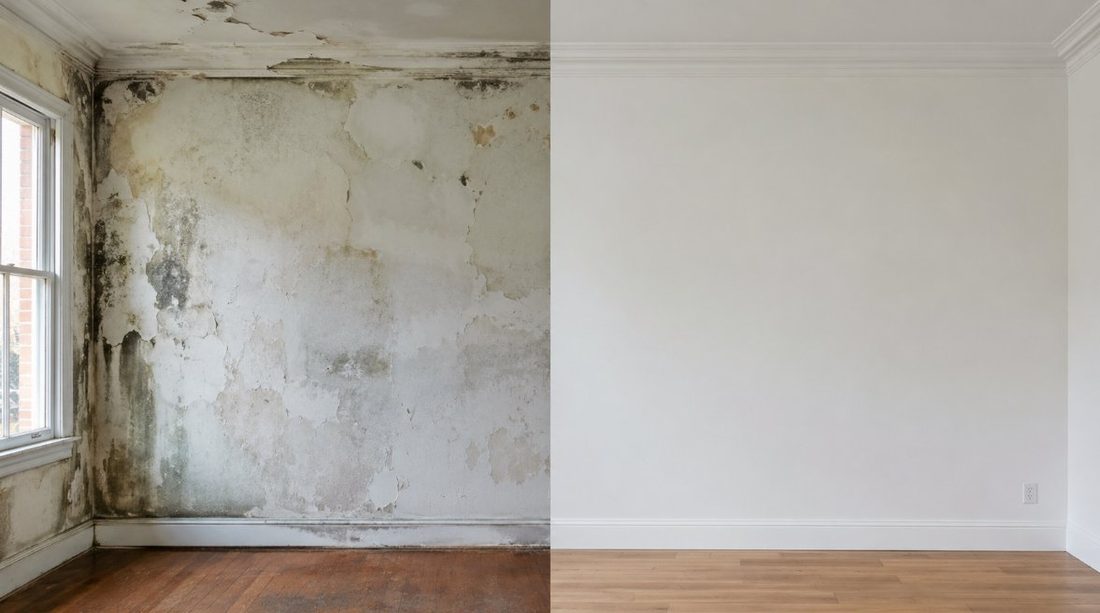 Comparación antes y después de una pared con humedad tratada y pintada de nuevo